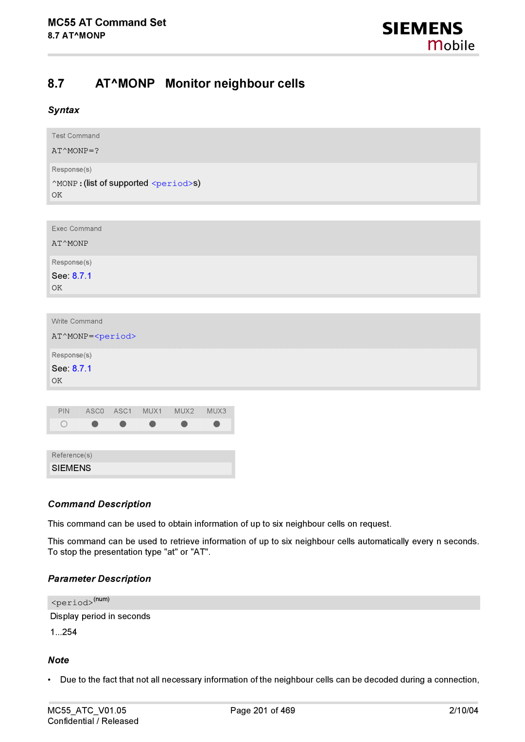 Siemens MC55 manual Atmonp Monitor neighbour cells, Atmonp=?, ATMONP=period 