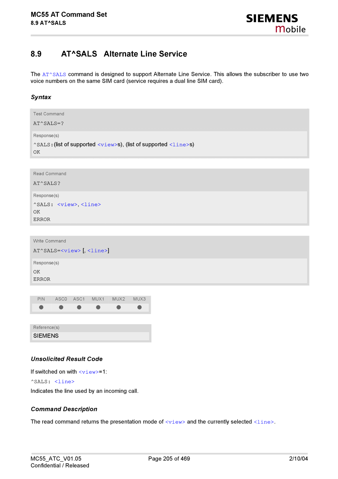 Siemens MC55 manual Atsals Alternate Line Service, Atsals=?, Atsals?, Sals view, line, ATSALS=view , line 