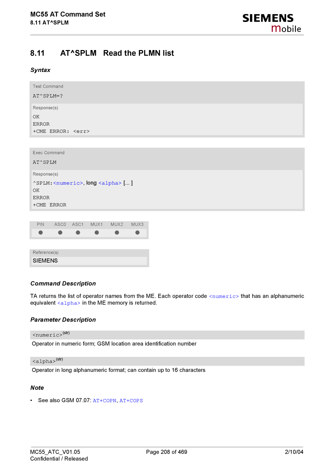 Siemens MC55 manual Atsplm Read the Plmn list, Atsplm=?, SPLMnumeric, long alpha, Numericstr 