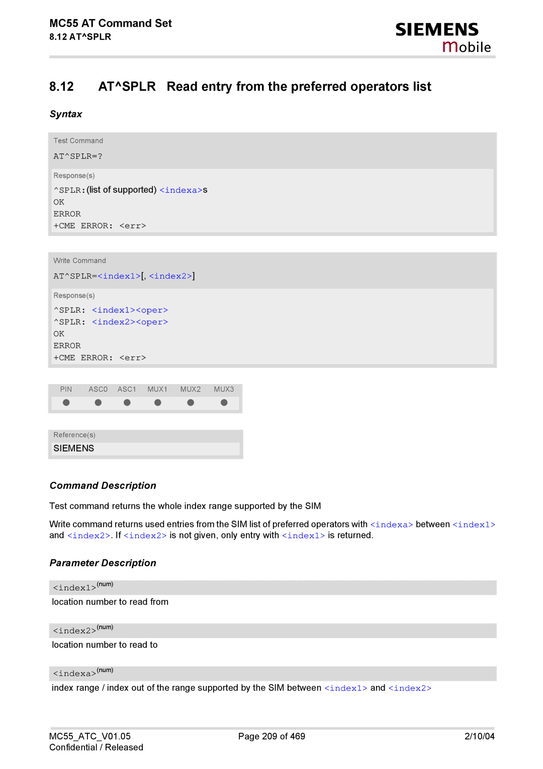 Siemens MC55 manual Atsplr Read entry from the preferred operators list, Atsplr=?, ATSPLR=index1, index2 