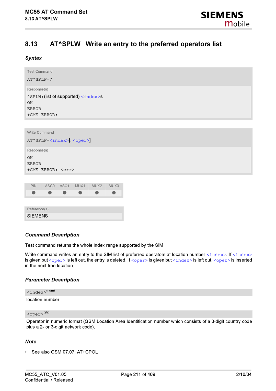 Siemens MC55 manual Atsplw Write an entry to the preferred operators list, Atsplw=?, ATSPLW=index, oper, Indexnum 