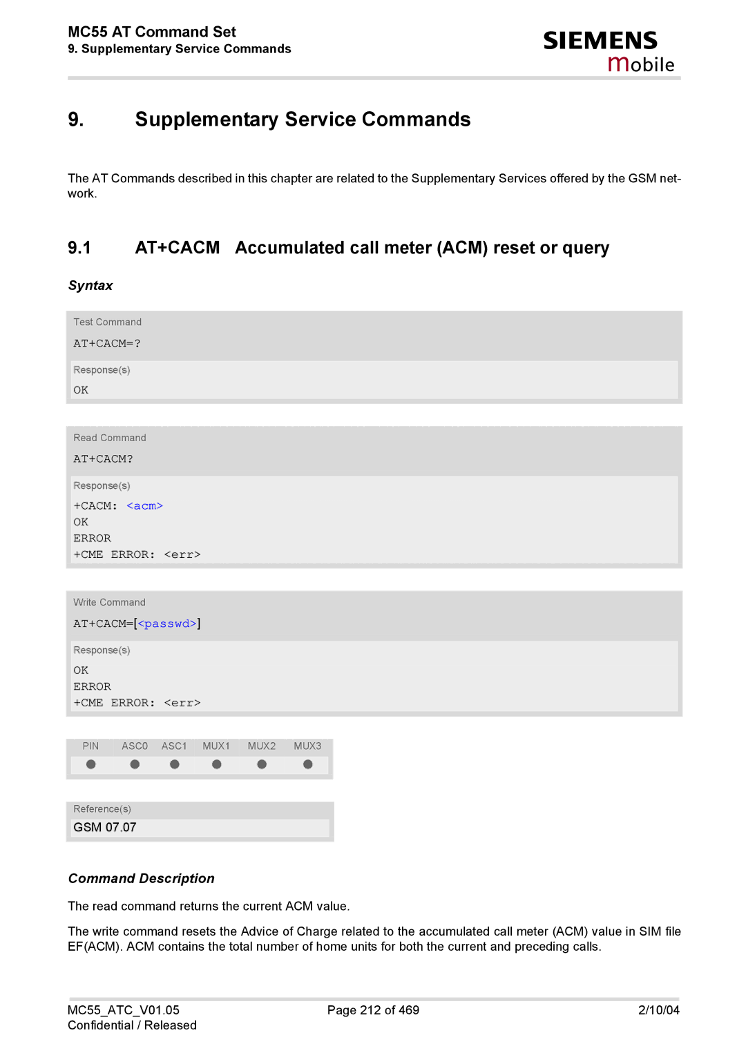 Siemens MC55 manual Supplementary Service Commands, AT+CACM Accumulated call meter ACM reset or query, At+Cacm=?, At+Cacm? 