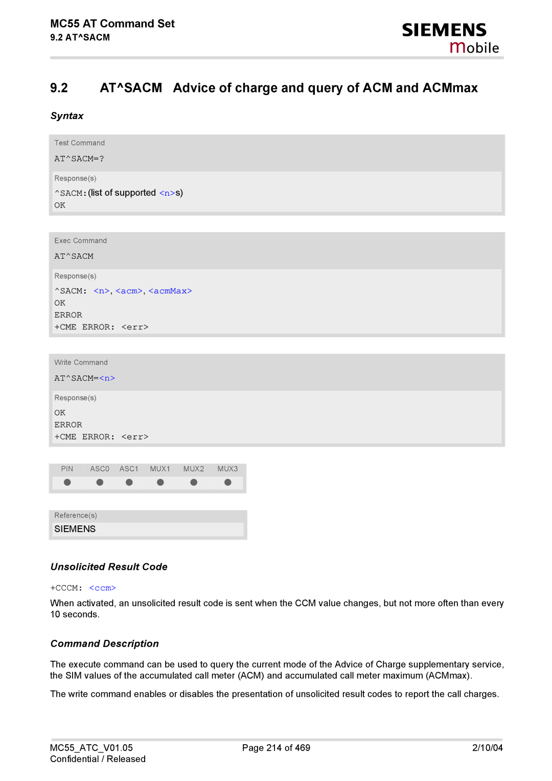 Siemens MC55 manual Atsacm Advice of charge and query of ACM and ACMmax, Atsacm=?, Sacm n, acm, acmMax 