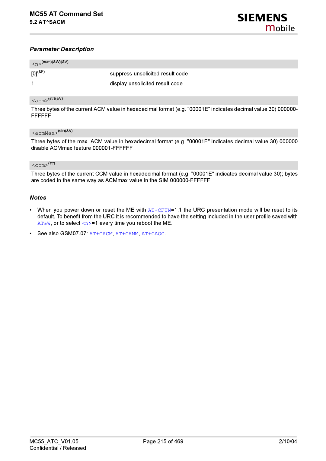 Siemens MC55 manual Ffffff, Ccmstr 