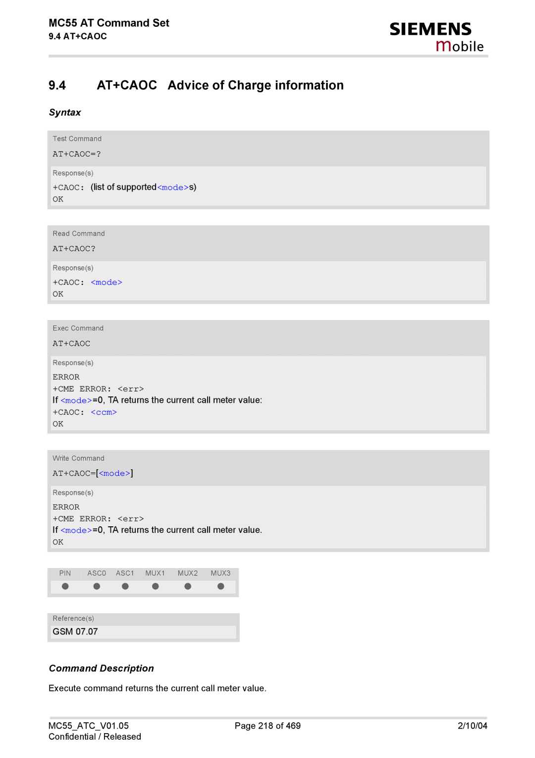 Siemens MC55 manual AT+CAOC Advice of Charge information, At+Caoc=?, At+Caoc? 