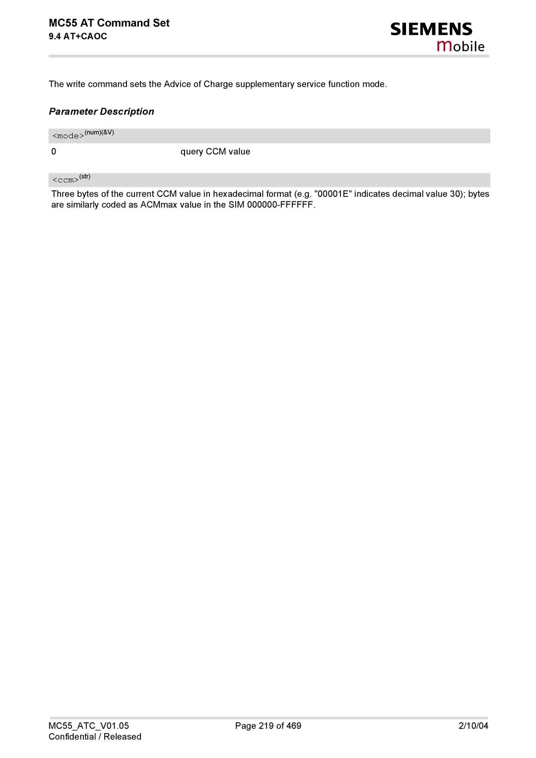 Siemens MC55 manual Query CCM value 