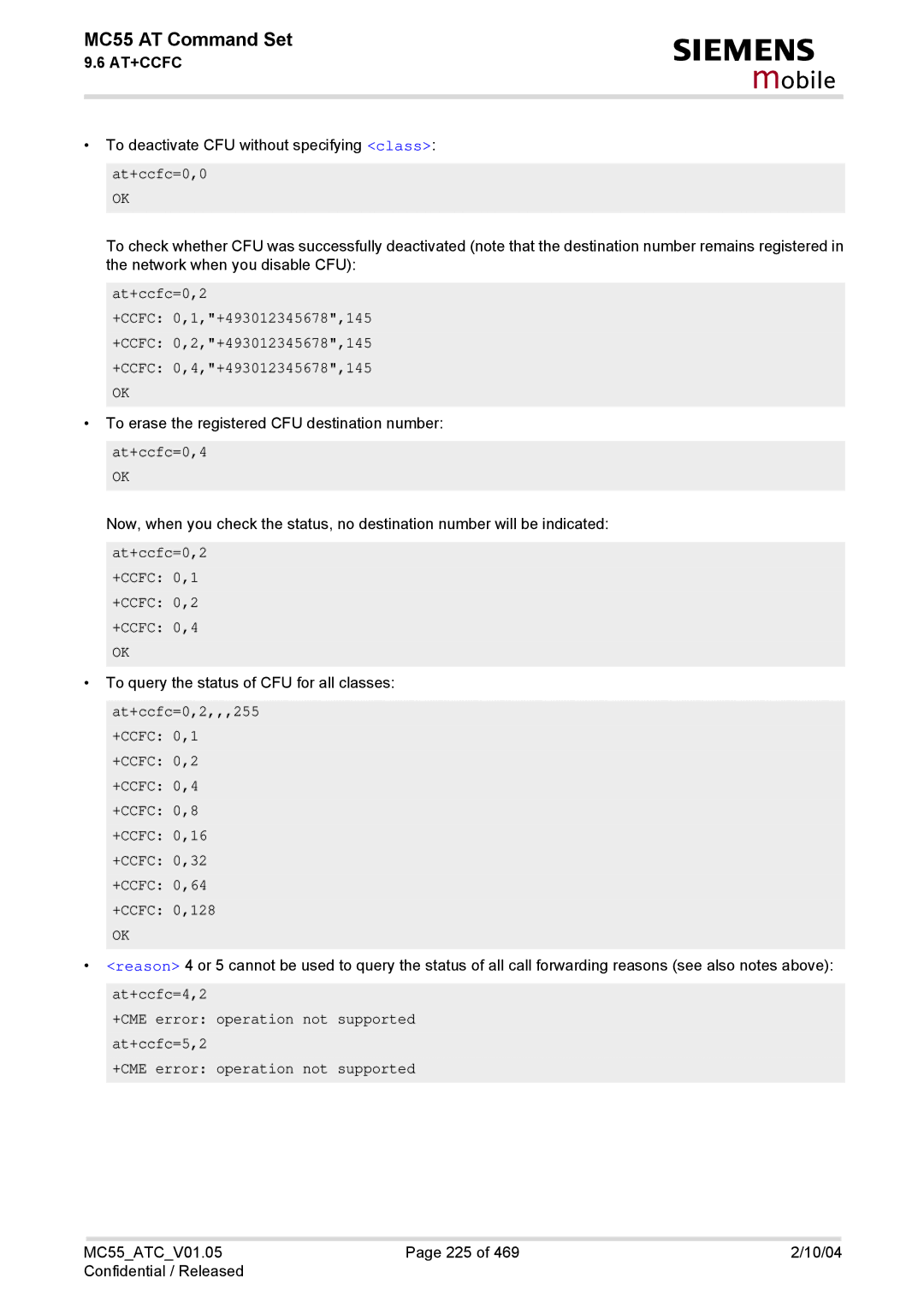 Siemens MC55 manual At+ccfc=0,0, At+ccfc=0,4, At+ccfc=0,2 +CCFC 0,1 +CCFC 0,2 +CCFC 0,4 