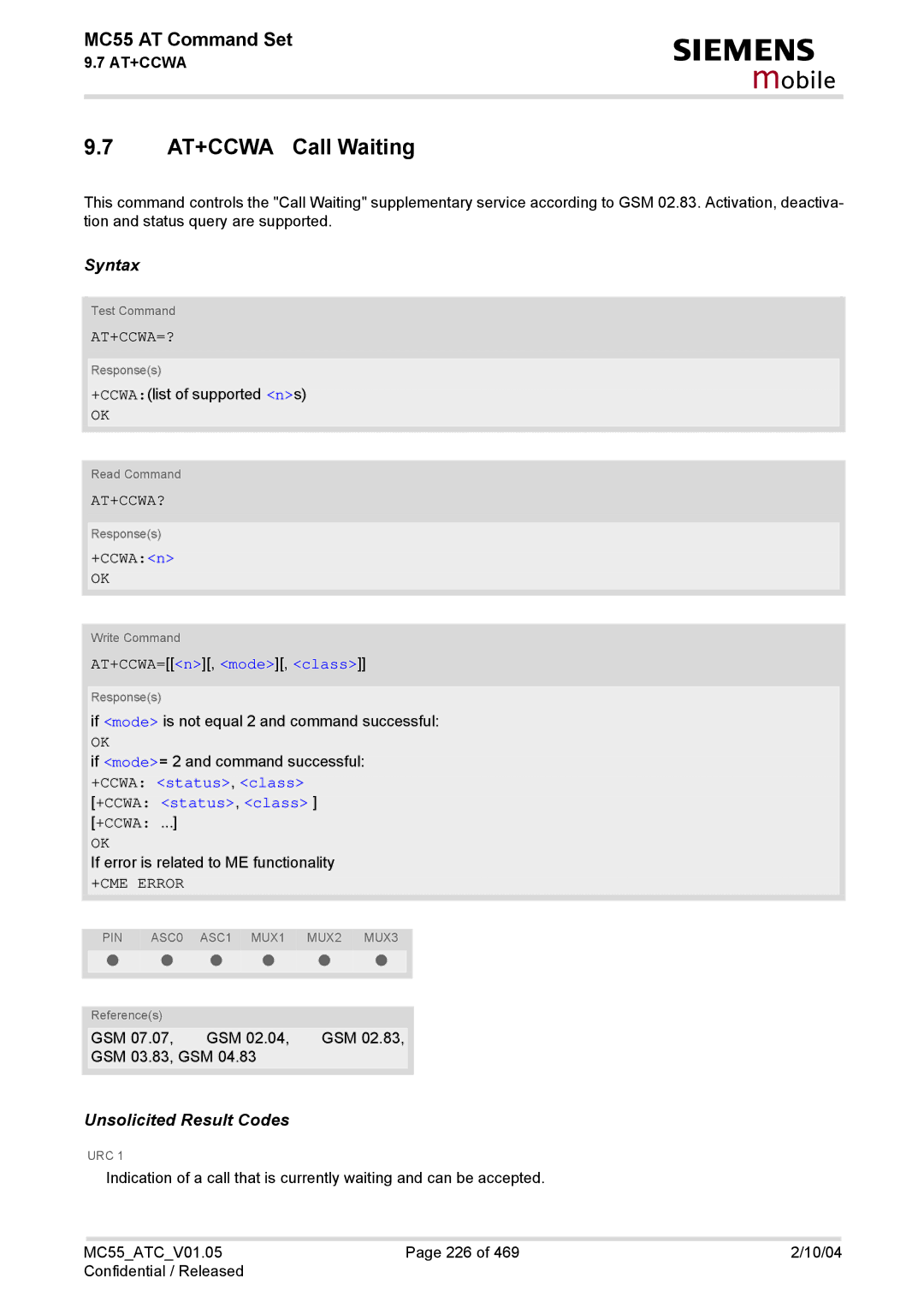 Siemens MC55 manual AT+CCWA Call Waiting, At+Ccwa=?, At+Ccwa?, AT+CCWA=n, mode, class, +CCWA status, class 