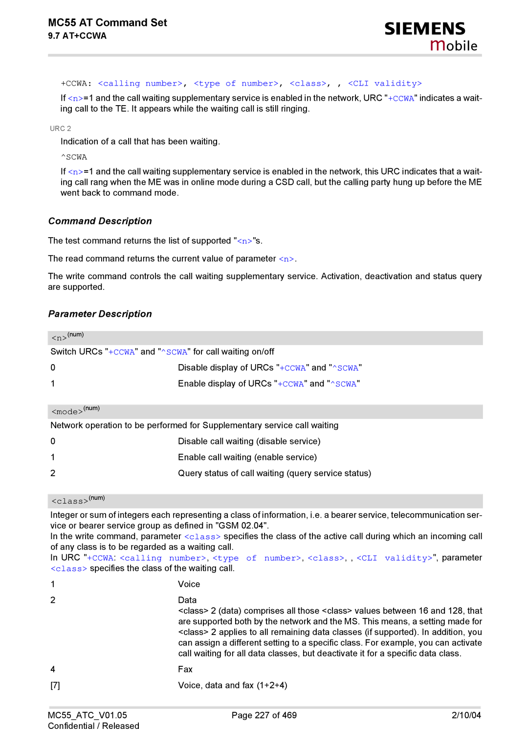 Siemens MC55 manual +CCWA calling number, type of number, class, , CLI validity, Scwa 