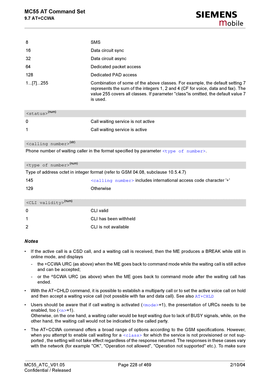 Siemens MC55 manual Calling numberstr, Type of numbernum, CLI validitynum 