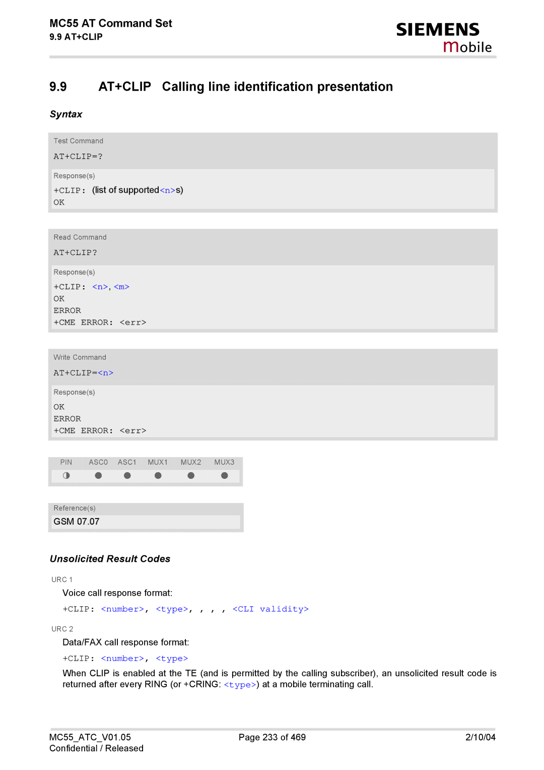 Siemens MC55 AT+CLIP Calling line identification presentation, At+Clip=?, At+Clip?, +CLIP number, type, , , , CLI validity 