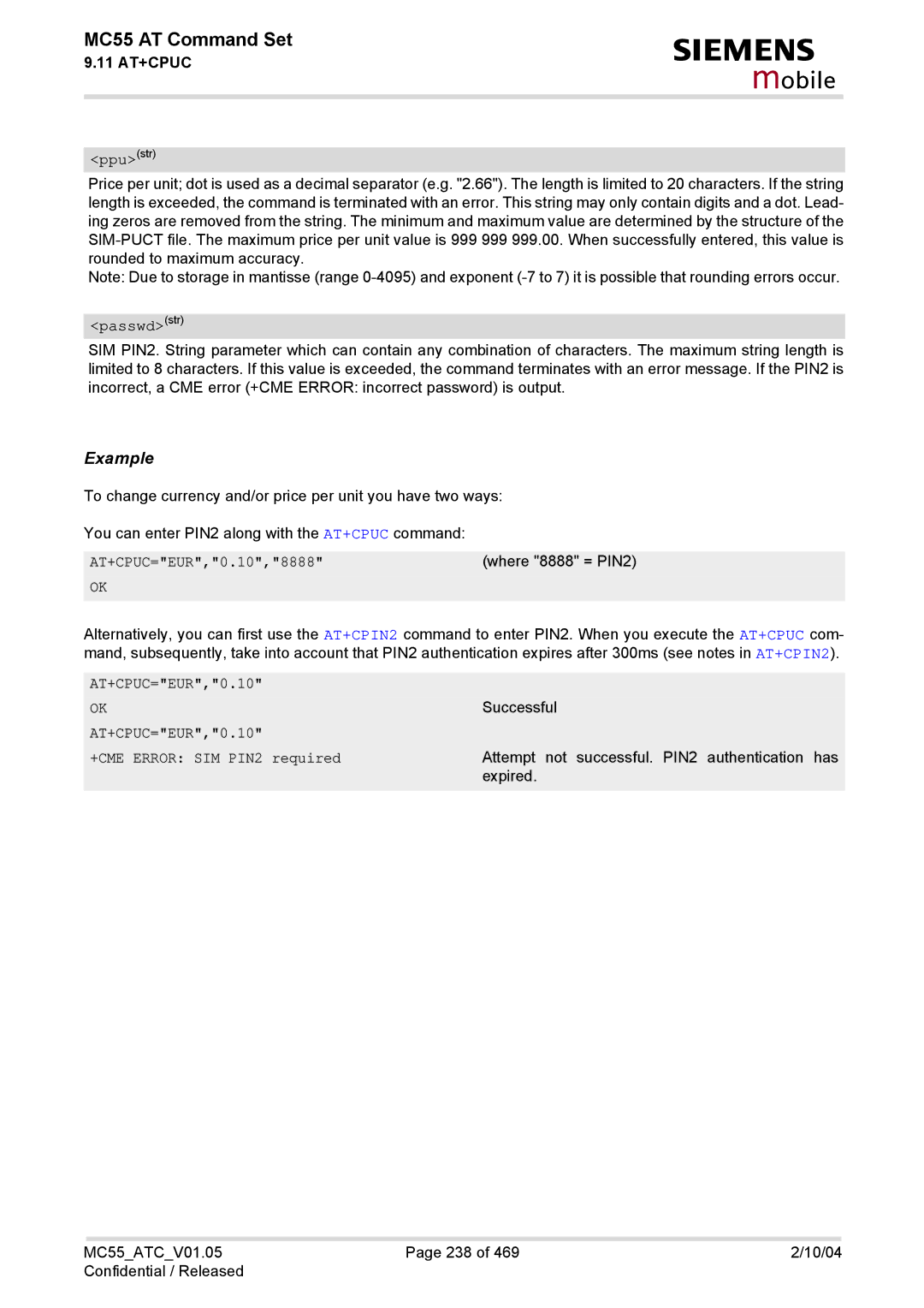 Siemens MC55 manual Ppustr, AT+CPUC=EUR,0.10,8888, AT+CPUC=EUR,0.10 +CME Error SIM PIN2 required 