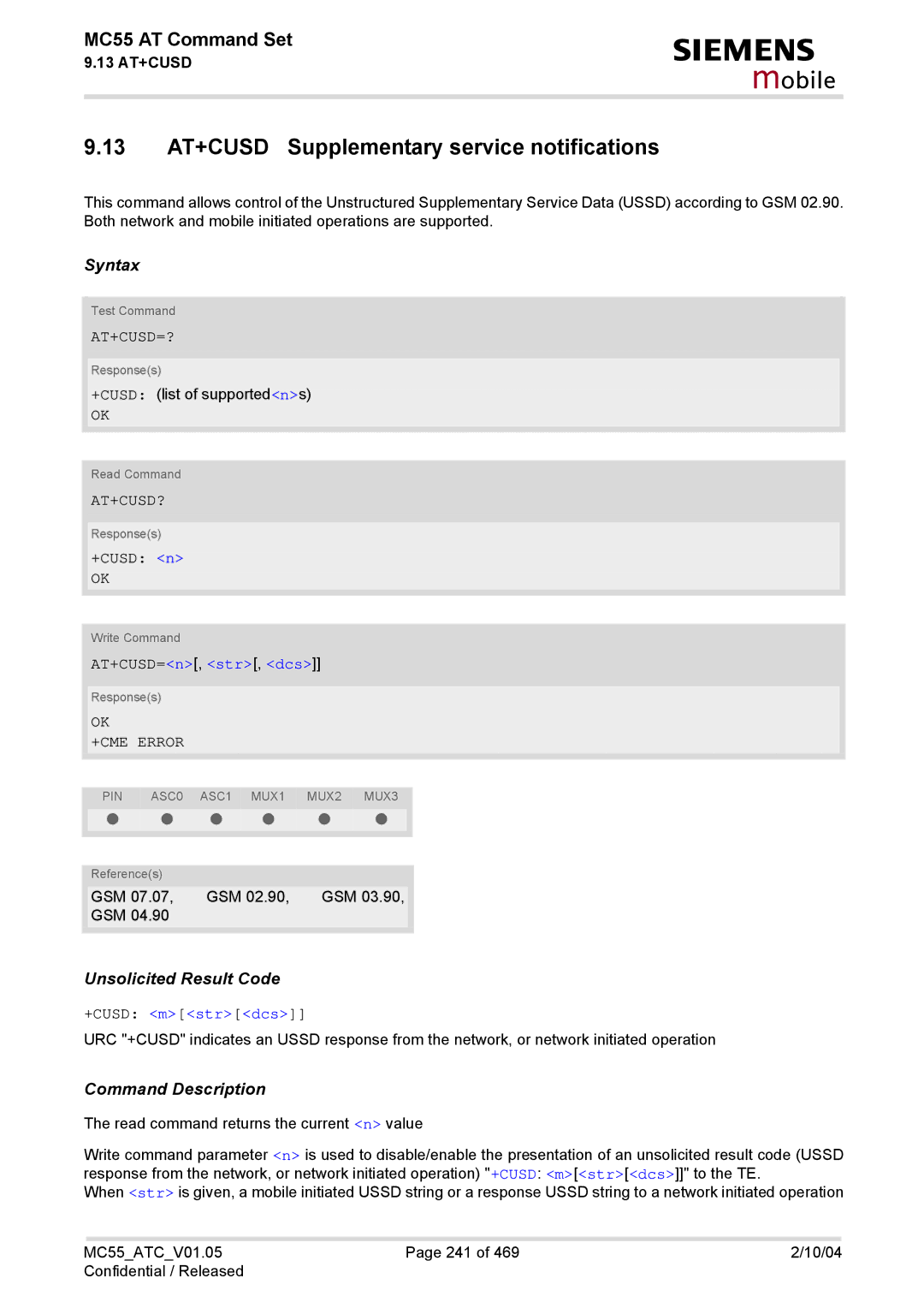 Siemens MC55 manual 13 AT+CUSD Supplementary service notifications, At+Cusd=?, At+Cusd?, AT+CUSD=n, str, dcs, +CUSD mstrdcs 