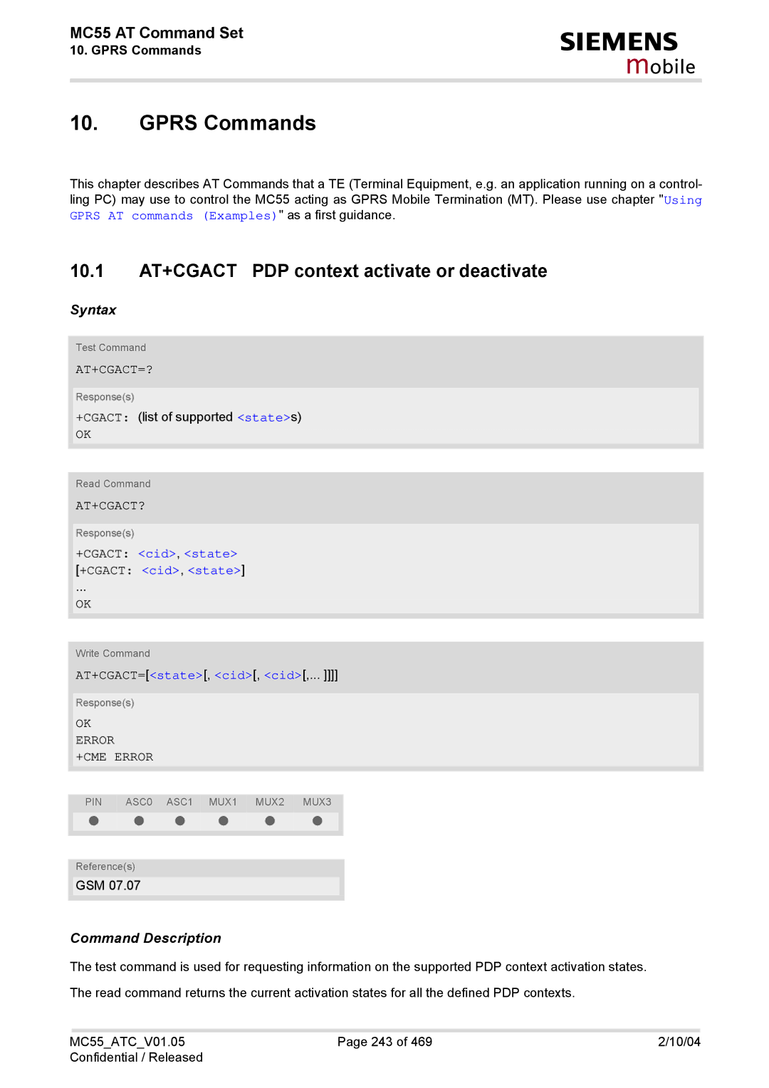 Siemens MC55 Gprs Commands, 10.1 AT+CGACT PDP context activate or deactivate, At+Cgact=?, At+Cgact?, +CGACT cid, state 