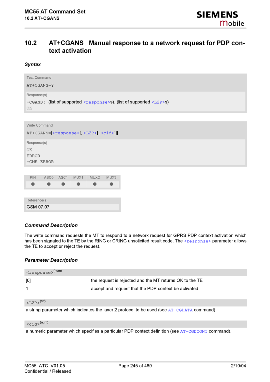 Siemens MC55 manual At+Cgans=?, AT+CGANS=response, L2P, cid, Responsenum, L2Pstr 