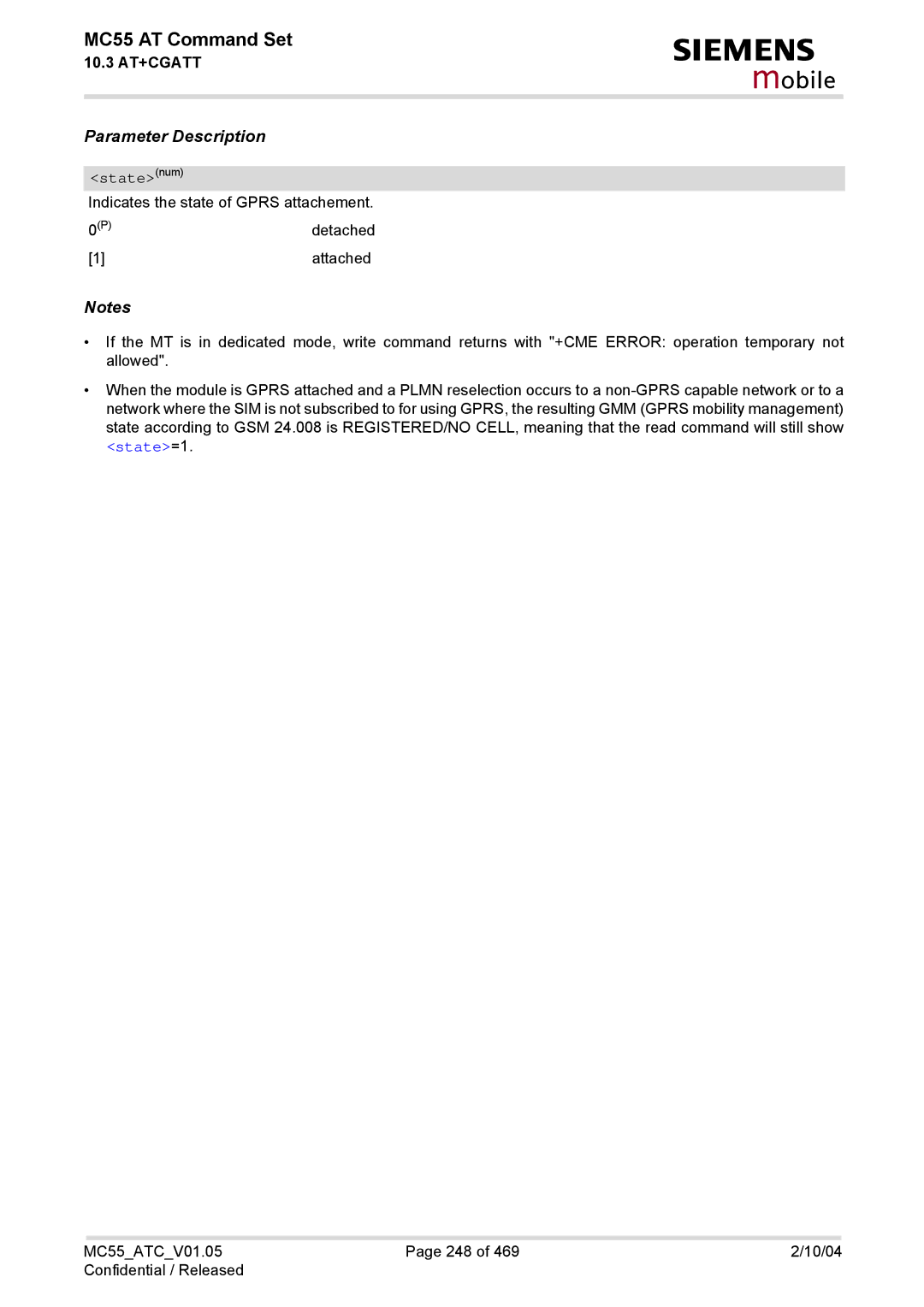 Siemens MC55 manual Statenum, State=1 