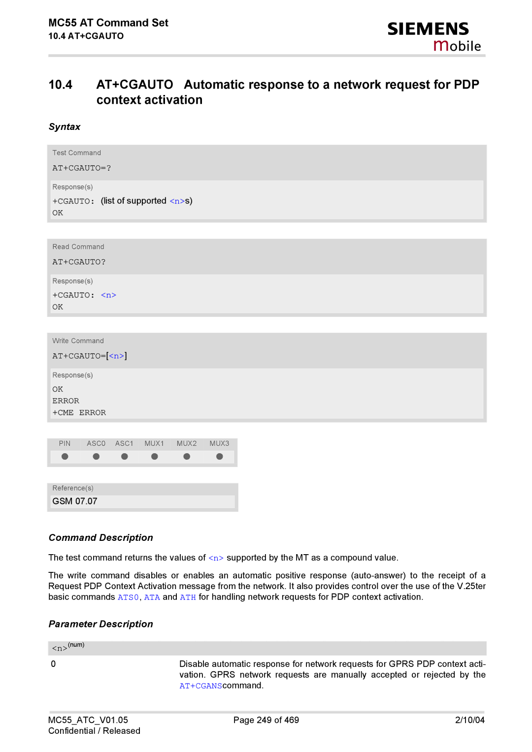 Siemens MC55 manual At+Cgauto=?, At+Cgauto?, +CGAUTO n, AT+CGAUTO=n, AT+CGANScommand 