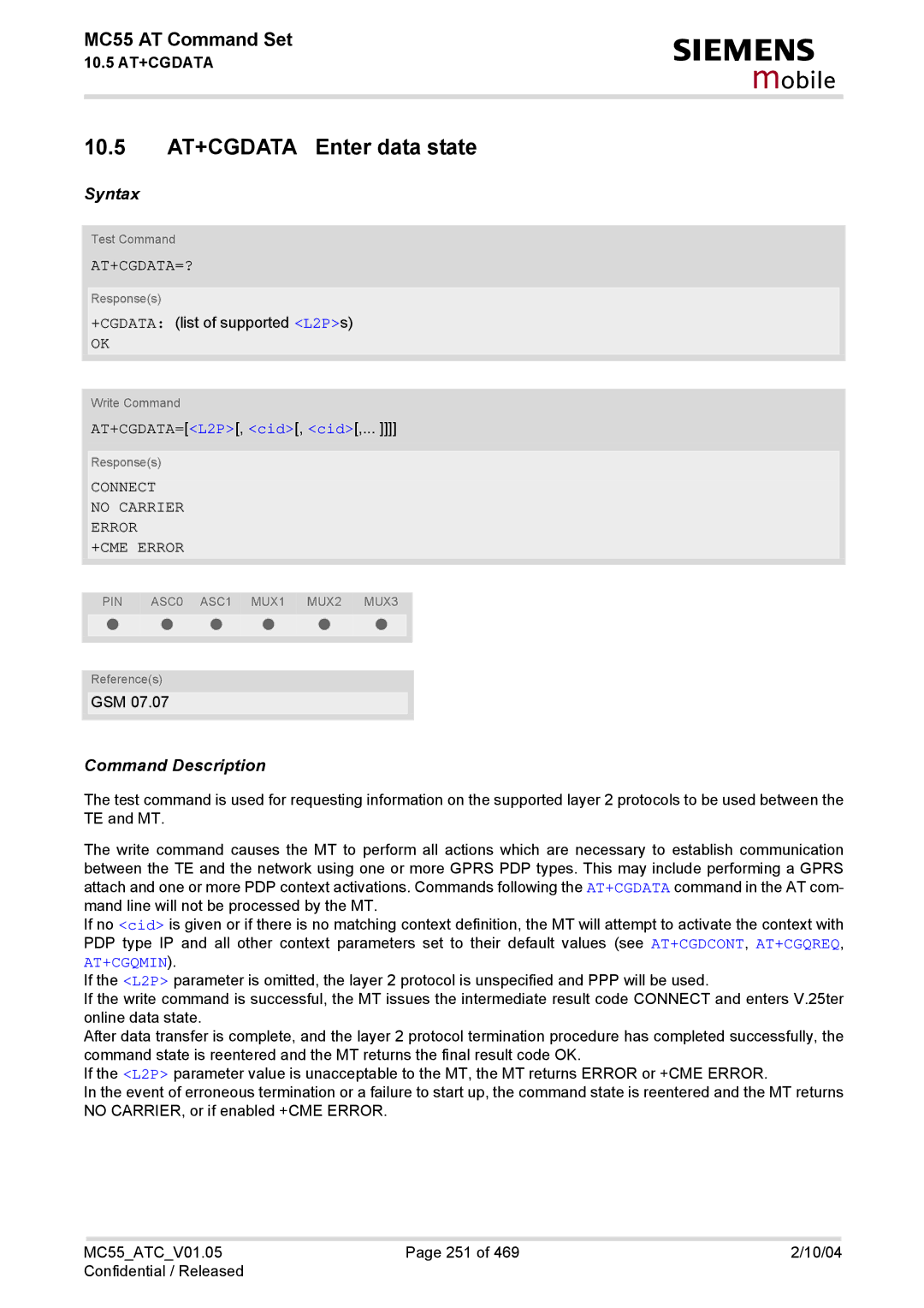 Siemens MC55 manual 10.5 AT+CGDATA Enter data state, At+Cgdata=?, Connect No Carrier Error +CME Error 