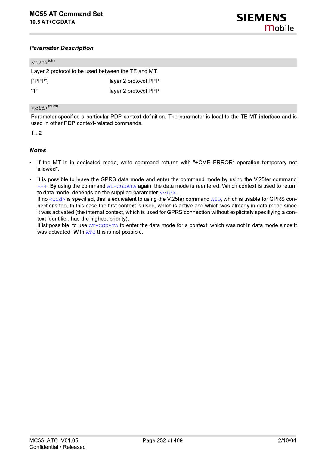 Siemens MC55 manual Parameter Description 