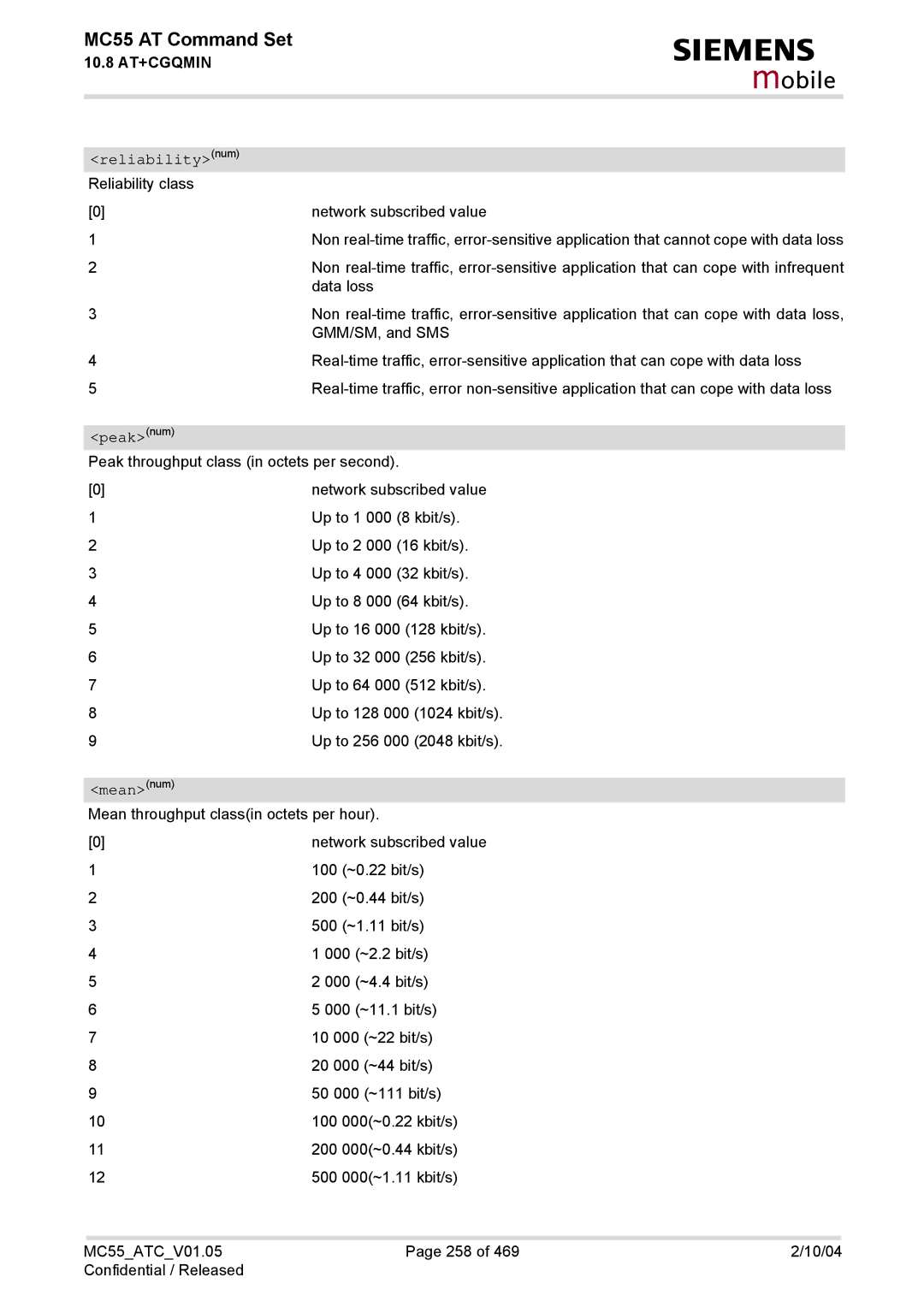 Siemens MC55 manual Reliabilitynum Reliability class, Peaknum, Meannum 