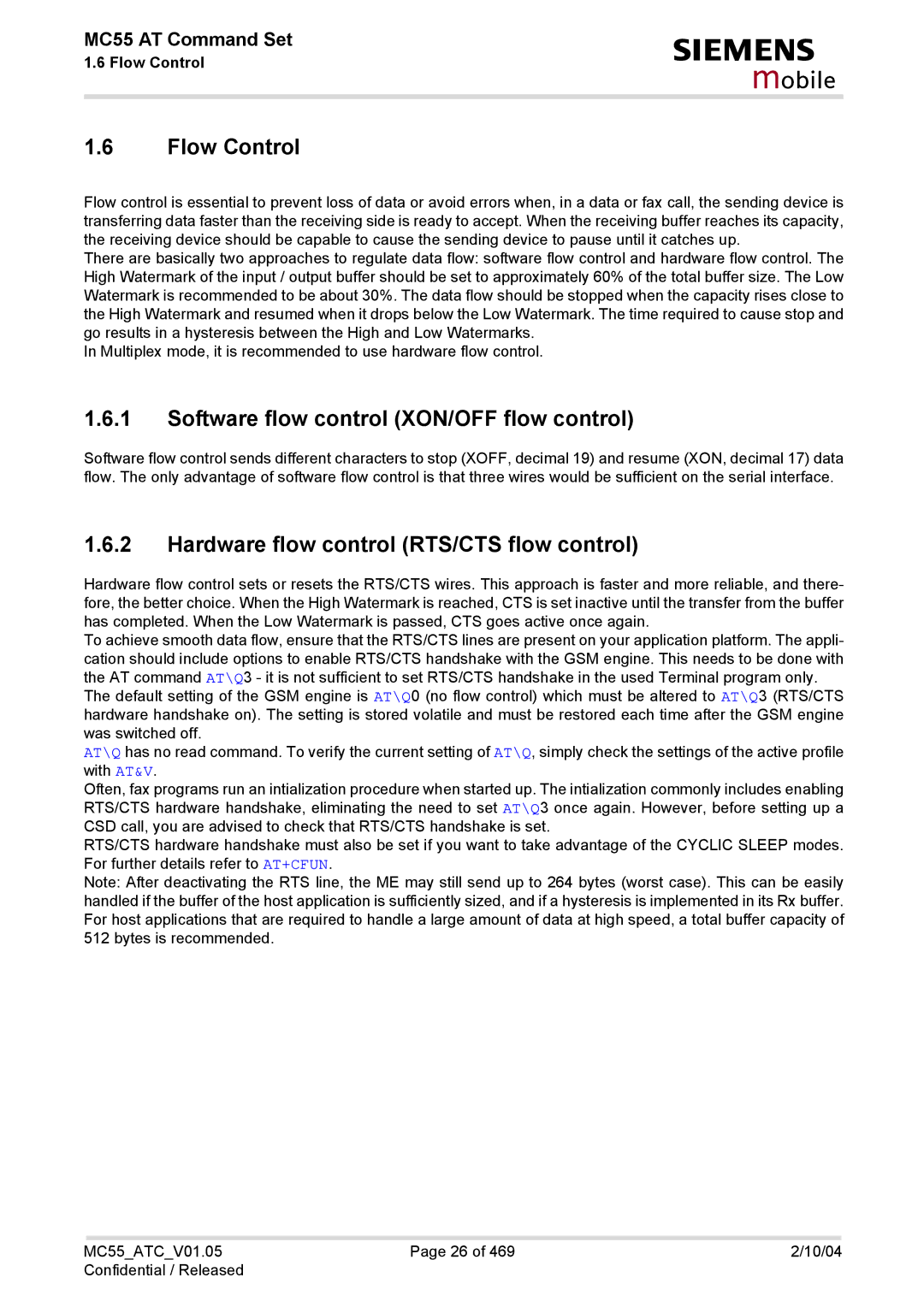 Siemens MC55 manual Flow Control, Software flow control XON/OFF flow control, Hardware flow control RTS/CTS flow control 