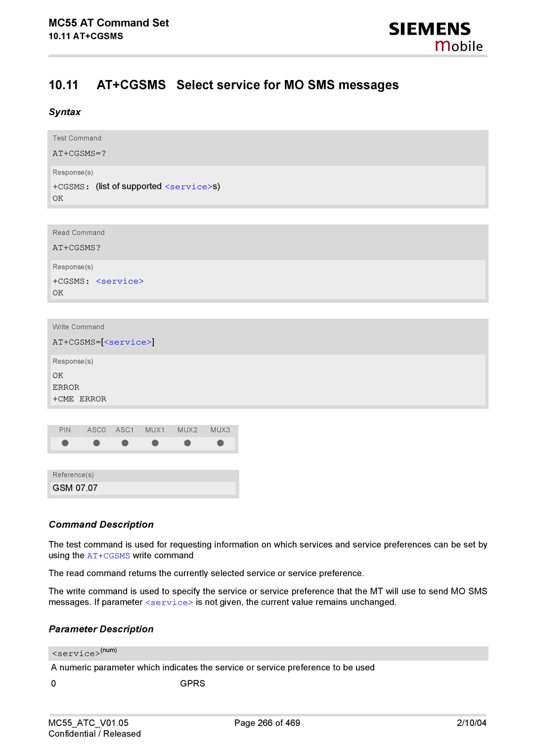 Siemens MC55 manual 10.11 AT+CGSMS Select service for MO SMS messages, At+Cgsms=?, At+Cgsms?, +CGSMS service 