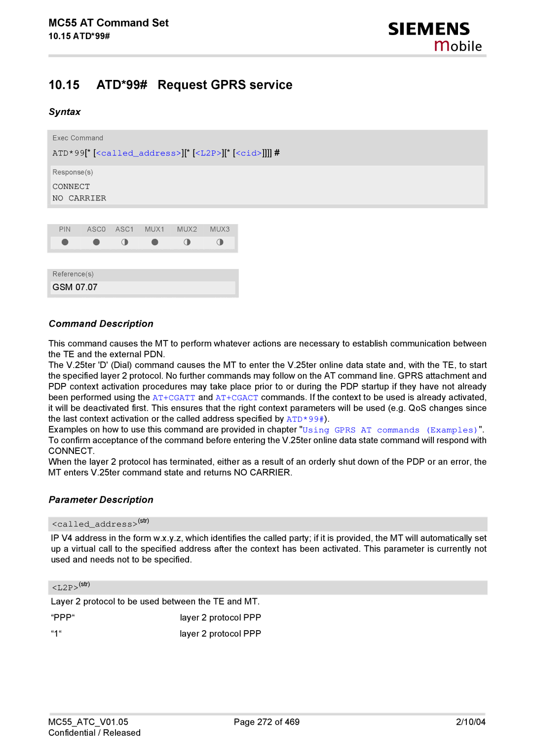 Siemens MC55 manual 10.15 ATD*99# Request Gprs service, ATD*99* calledaddress* L2P* cid #, Calledaddressstr, Ppp 