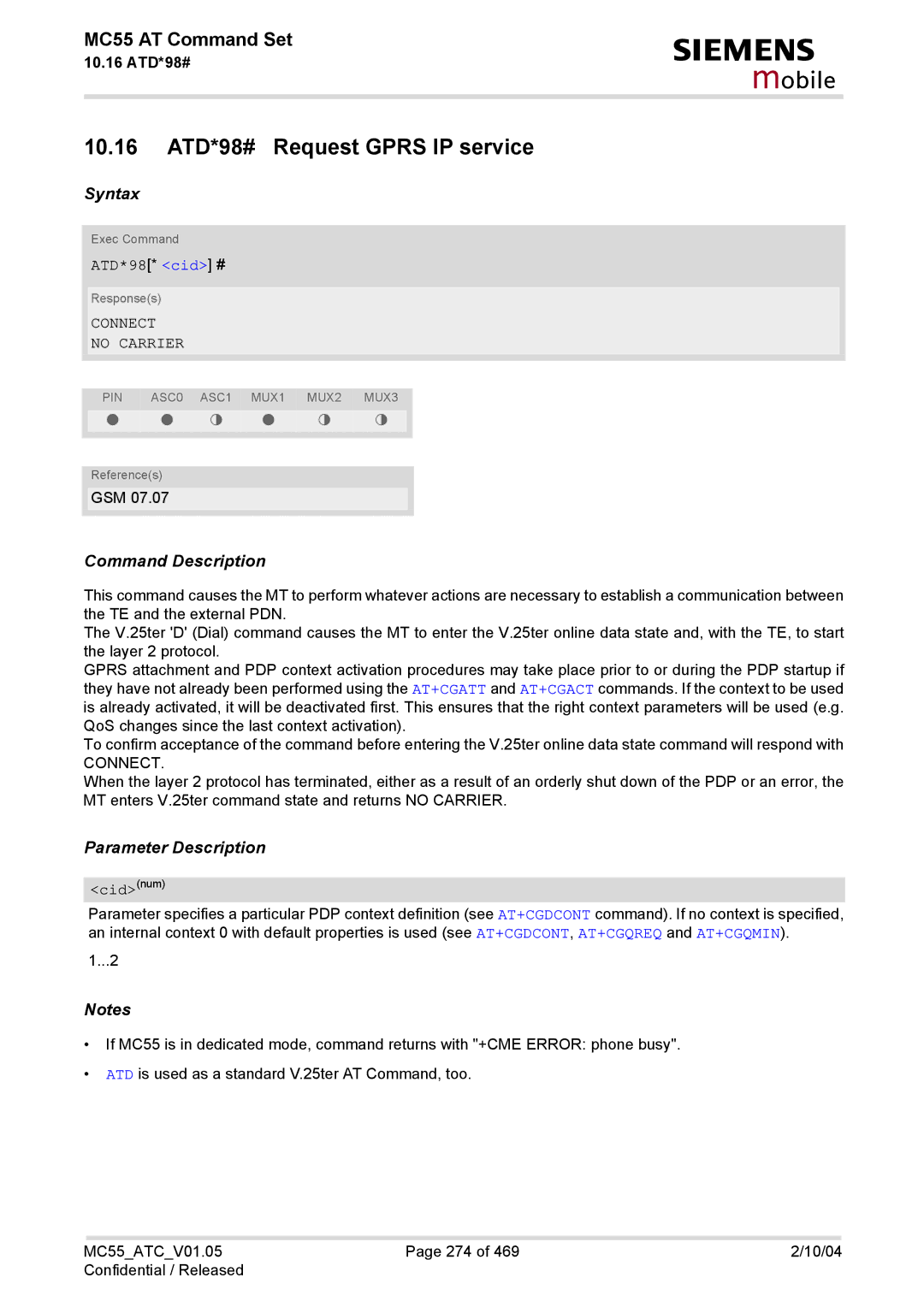 Siemens MC55 manual 10.16 ATD*98# Request Gprs IP service, ATD*98* cid # 