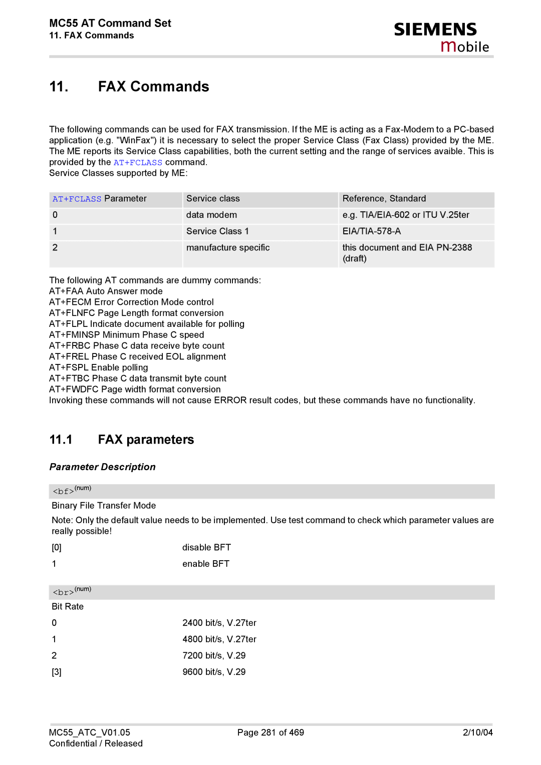 Siemens MC55 manual FAX Commands, FAX parameters, AT+FCLASS Parameter, EIA/TIA-578-A 