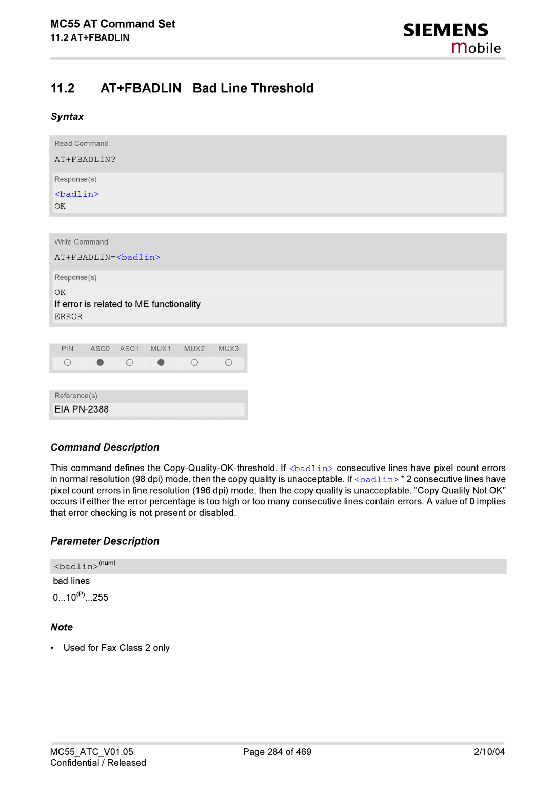 Siemens MC55 manual 11.2 AT+FBADLIN Bad Line Threshold, At+Fbadlin?, AT+FBADLIN=badlin, Badlinnum 