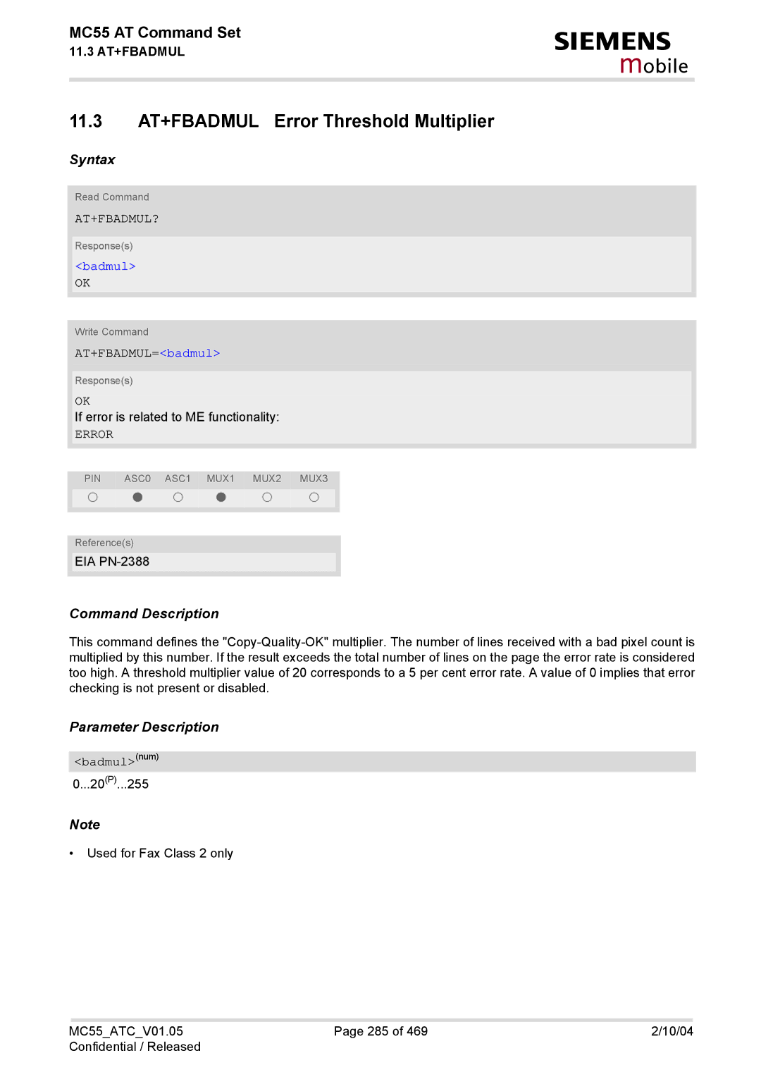 Siemens MC55 manual 11.3 AT+FBADMUL Error Threshold Multiplier, At+Fbadmul?, AT+FBADMUL=badmul, Badmulnum 