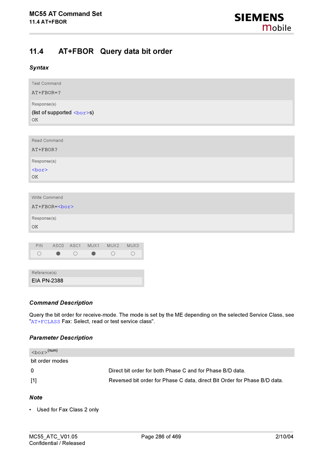 Siemens MC55 manual 11.4 AT+FBOR Query data bit order, At+Fbor=?, At+Fbor?, Bor 