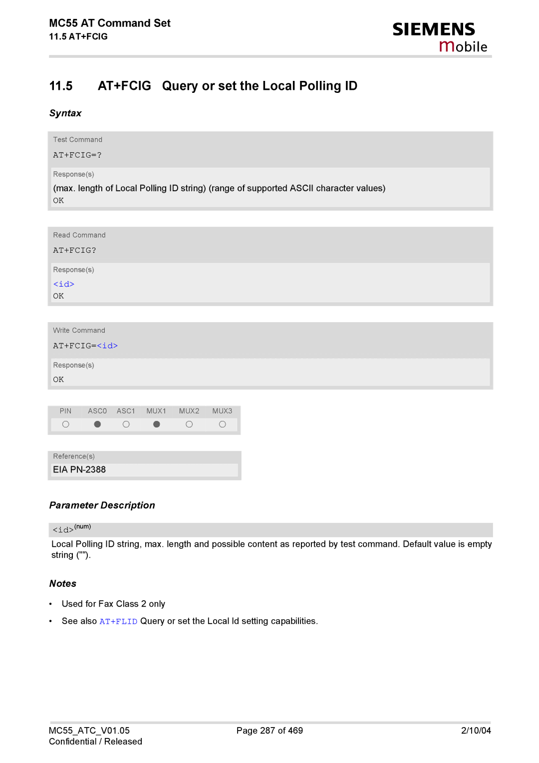 Siemens MC55 manual At+Fcig=?, At+Fcig?, AT+FCIG=id 