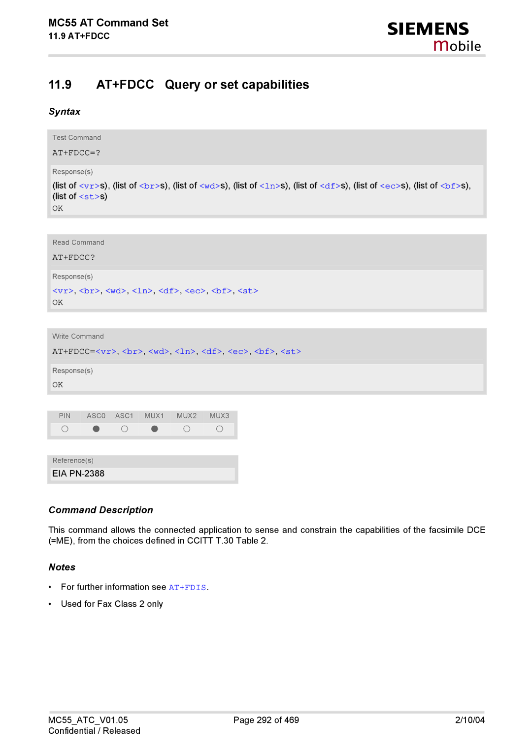 Siemens MC55 manual 11.9 AT+FDCC Query or set capabilities, At+Fdcc=?, At+Fdcc?, Vr, br, wd, ln, df, ec, bf, st 