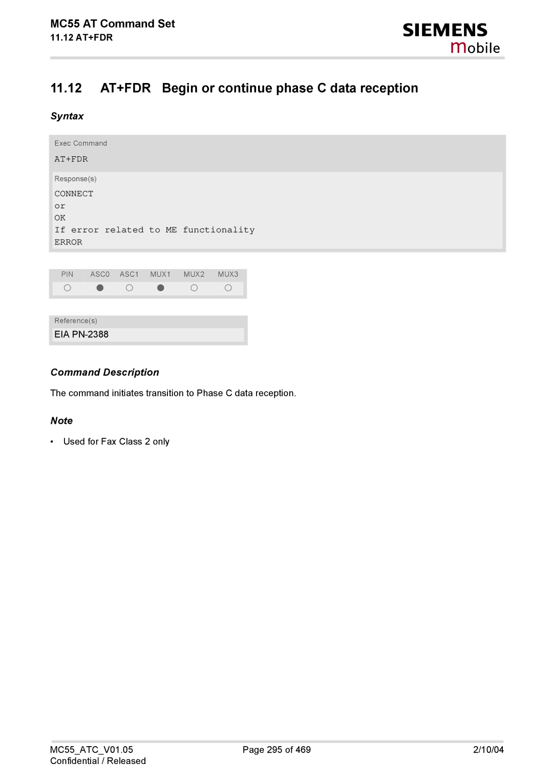 Siemens MC55 manual 11.12 AT+FDR Begin or continue phase C data reception, At+Fdr 