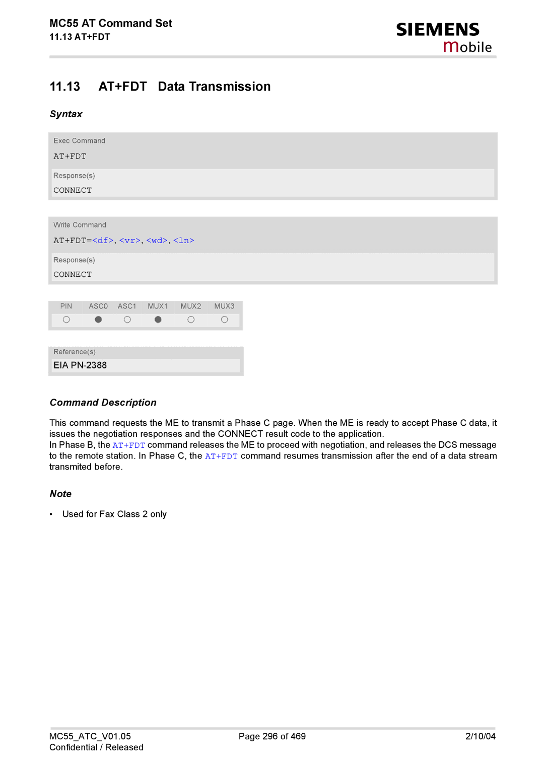 Siemens MC55 manual 11.13 AT+FDT Data Transmission, At+Fdt, AT+FDT=df, vr, wd, ln 