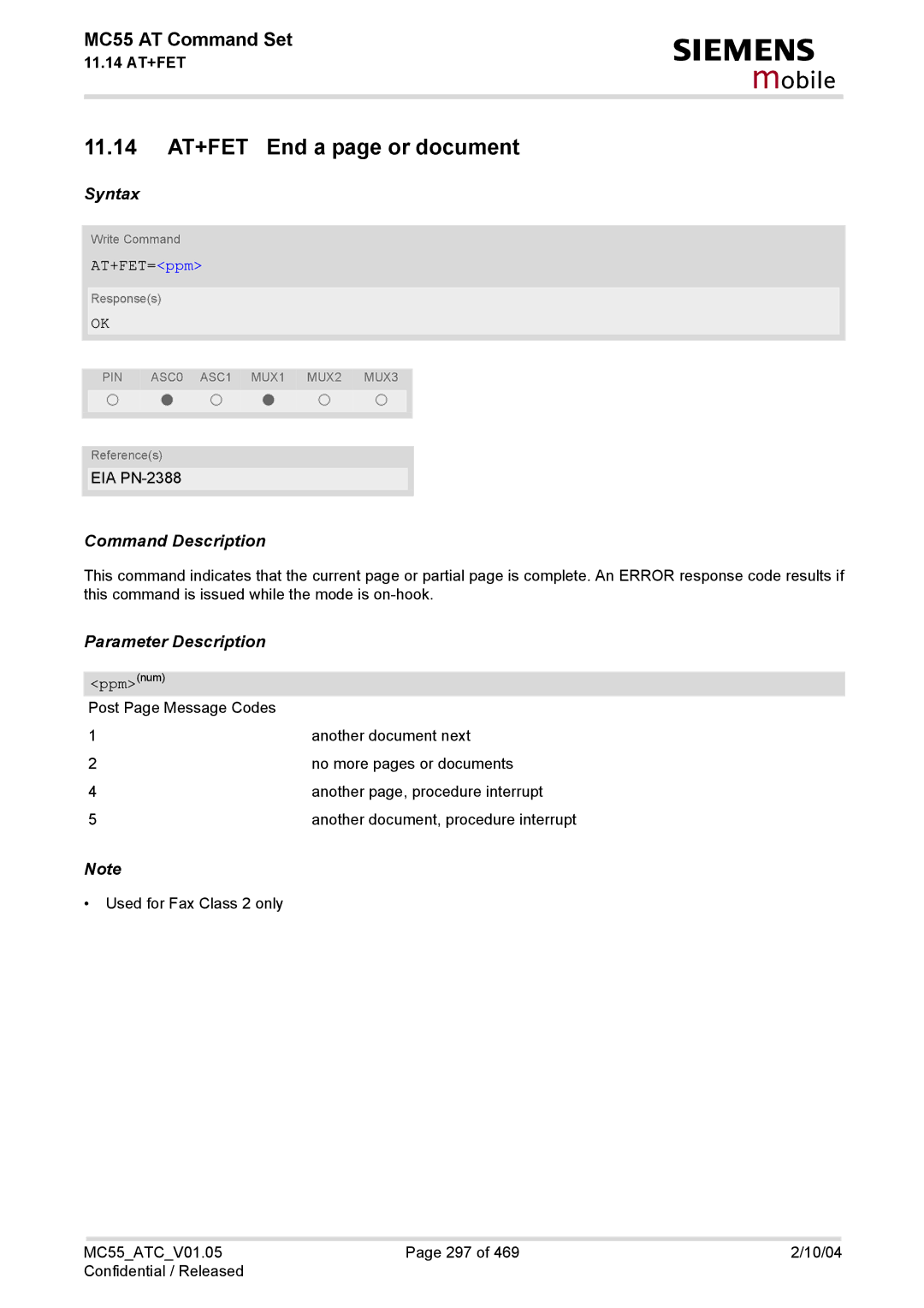 Siemens MC55 manual 11.14 AT+FET End a page or document, AT+FET=ppm, Ppmnum 