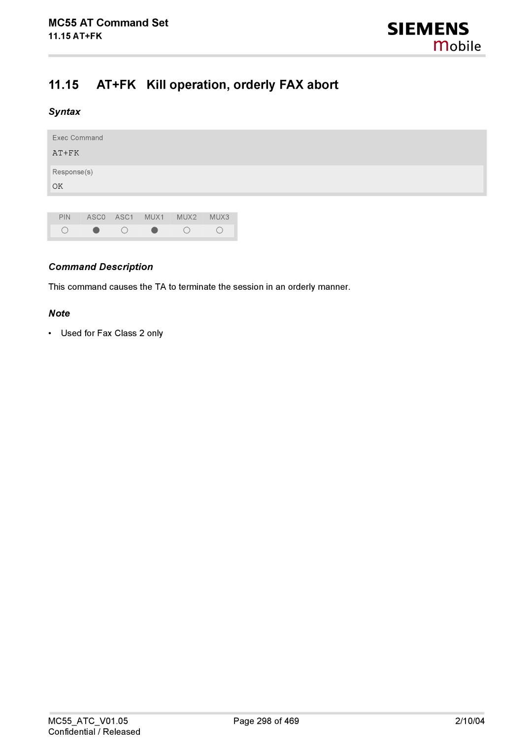 Siemens MC55 manual 11.15 AT+FK Kill operation, orderly FAX abort, At+Fk 