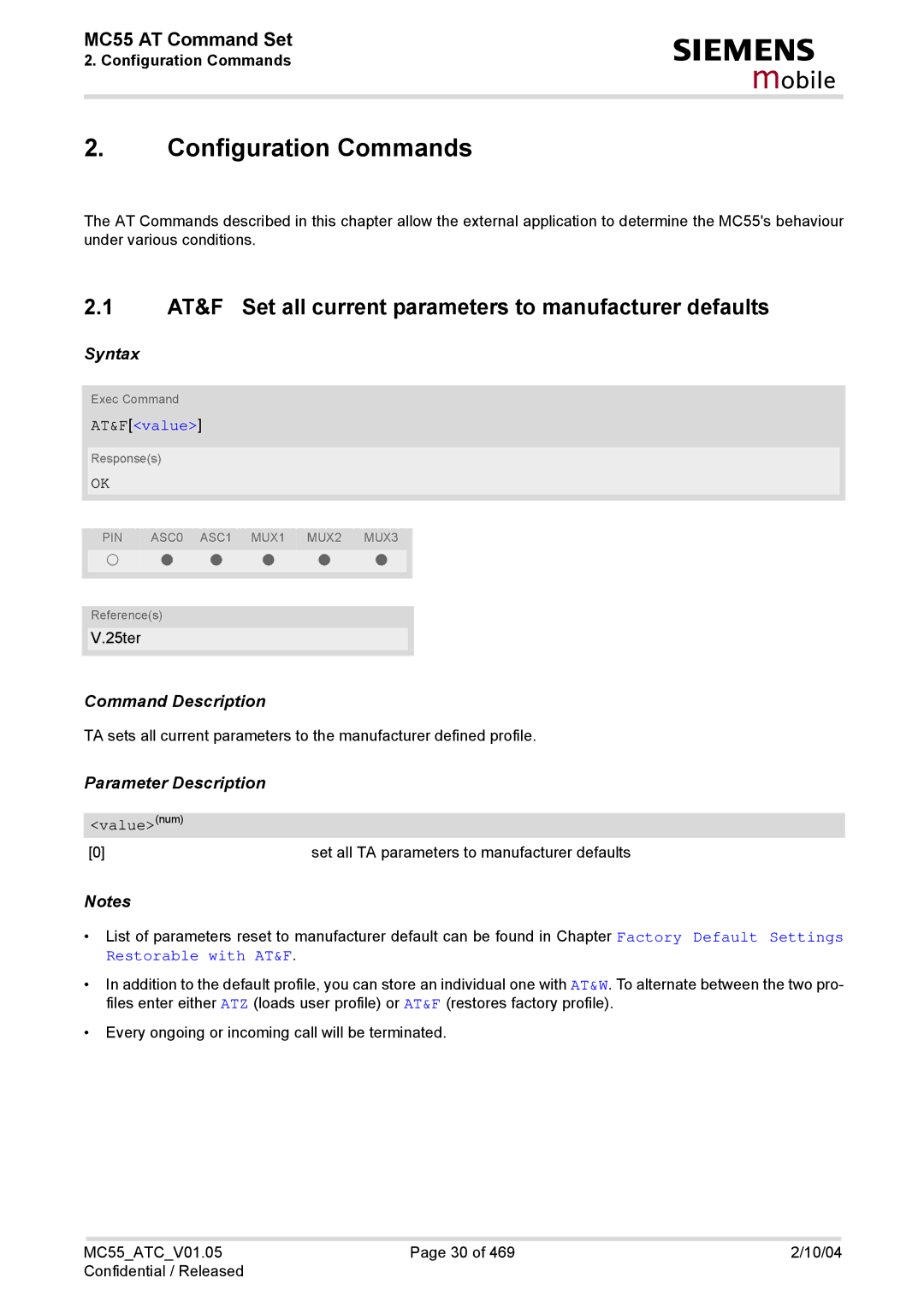 Siemens MC55 manual Configuration Commands, AT&Fvalue, Valuenum 