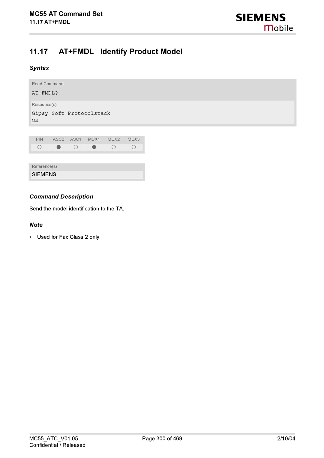 Siemens MC55 manual 11.17 AT+FMDL Identify Product Model, At+Fmdl?, Gipsy Soft Protocolstack 