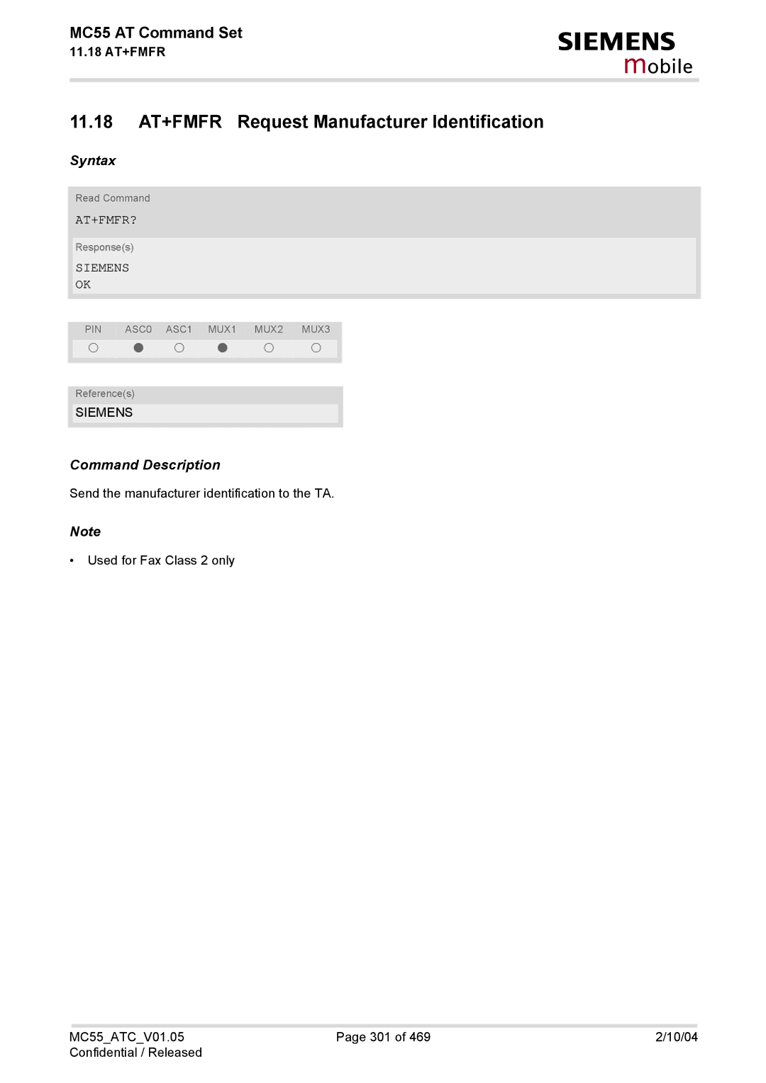 Siemens MC55 manual 11.18 AT+FMFR Request Manufacturer Identification, At+Fmfr?, Siemens 