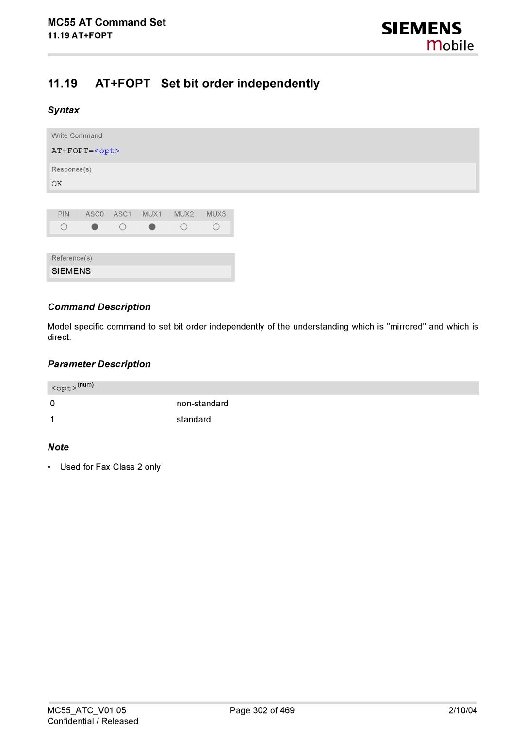 Siemens MC55 manual 11.19 AT+FOPT Set bit order independently, AT+FOPT=opt, Optnum 