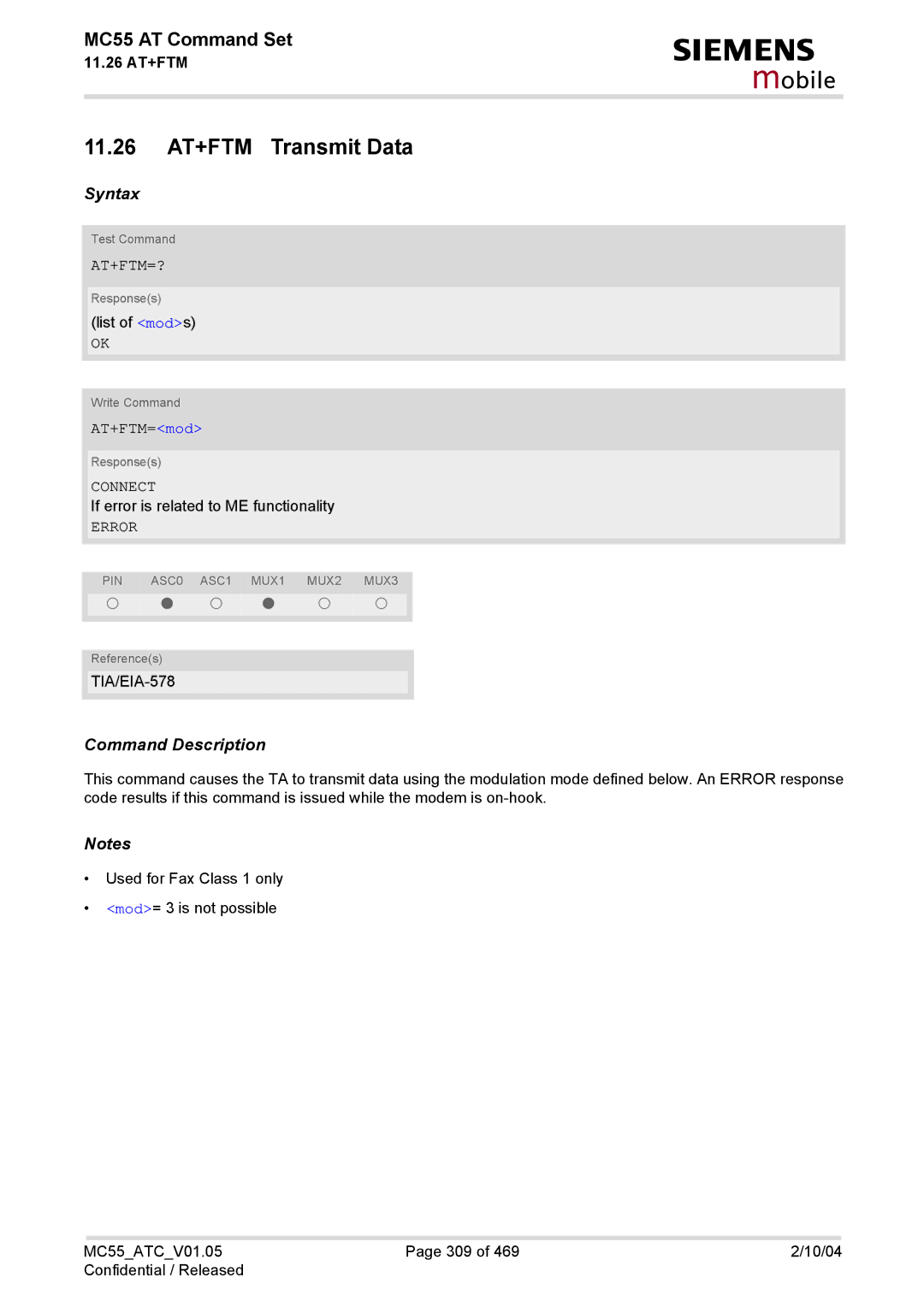 Siemens MC55 manual 11.26 AT+FTM Transmit Data, At+Ftm=?, AT+FTM=mod 