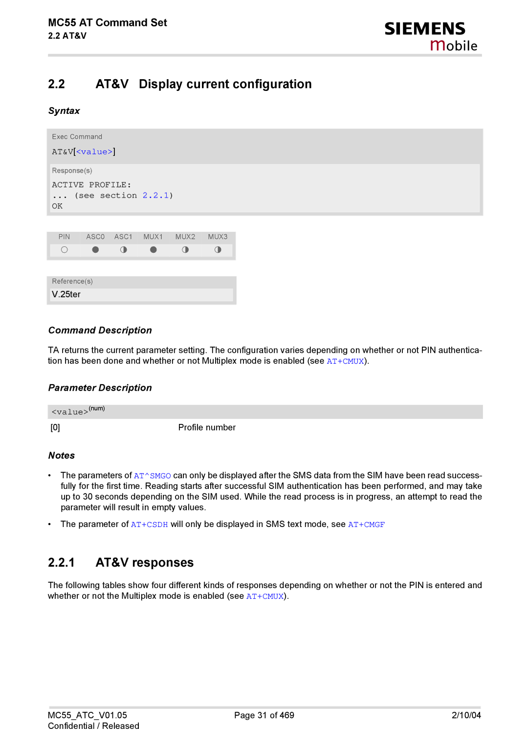 Siemens MC55 manual AT&V Display current configuration, 1 AT&V responses, AT&Vvalue, Active Profile, See section 
