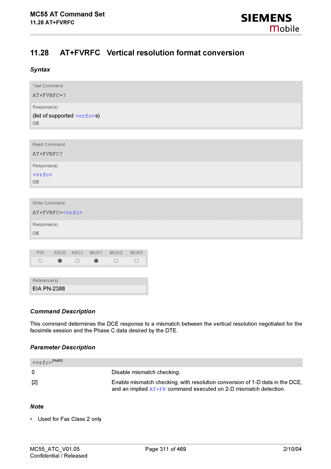 Siemens MC55 manual 11.28 AT+FVRFC Vertical resolution format conversion, At+Fvrfc=?, At+Fvrfc?, Vrfc 