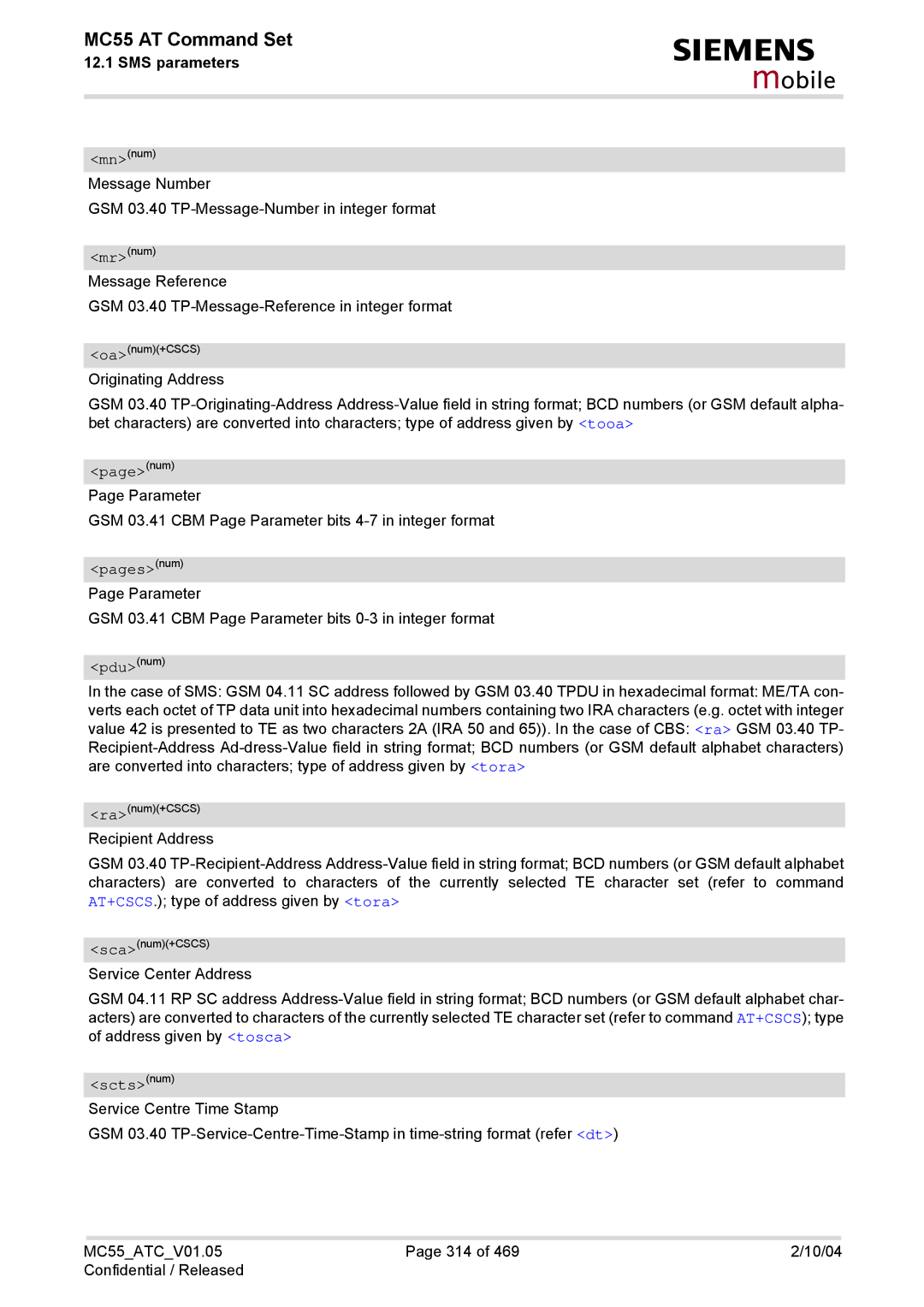 Siemens MC55 manual Pagenum, Pagesnum, Pdunum, Sctsnum 