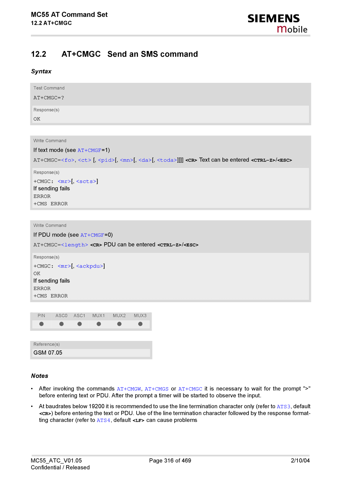 Siemens MC55 manual 12.2 AT+CMGC Send an SMS command, At+Cmgc=?, +CMGC mr, scts, Error +CMS Error, +CMGC mr, ackpdu 