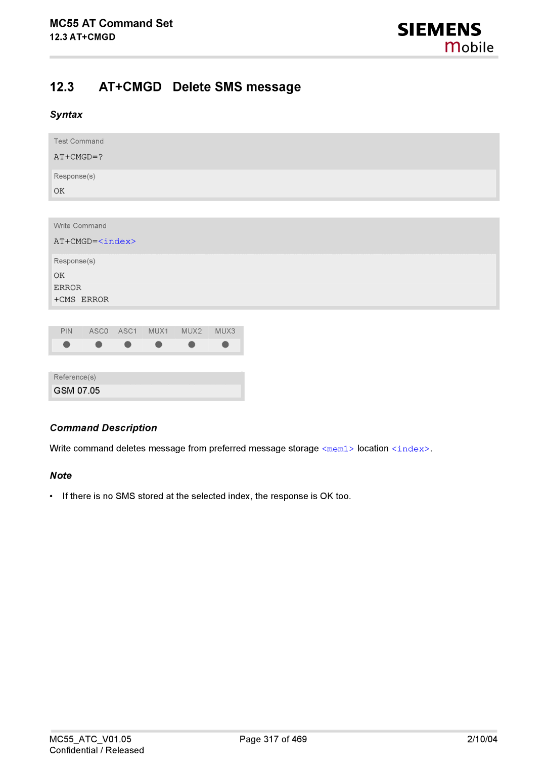 Siemens MC55 manual 12.3 AT+CMGD Delete SMS message, At+Cmgd=?, AT+CMGD=index, OK Error +CMS Error 