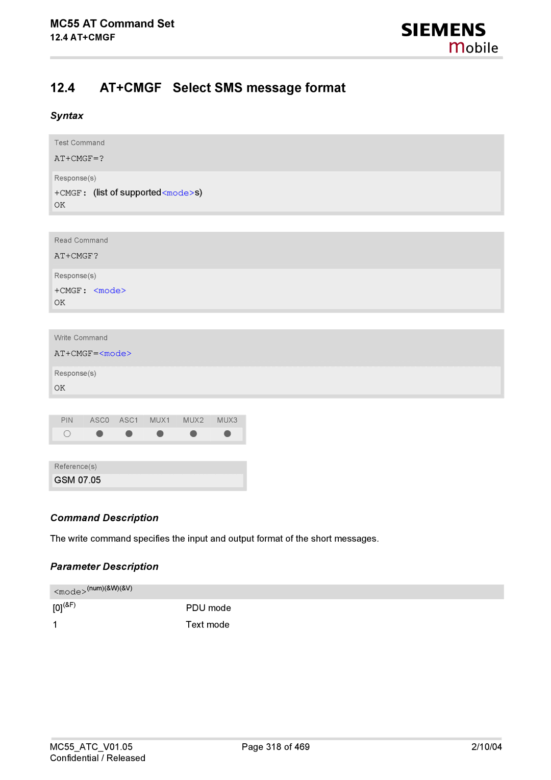 Siemens MC55 manual 12.4 AT+CMGF Select SMS message format, At+Cmgf=?, At+Cmgf?, +CMGF mode, AT+CMGF=mode 