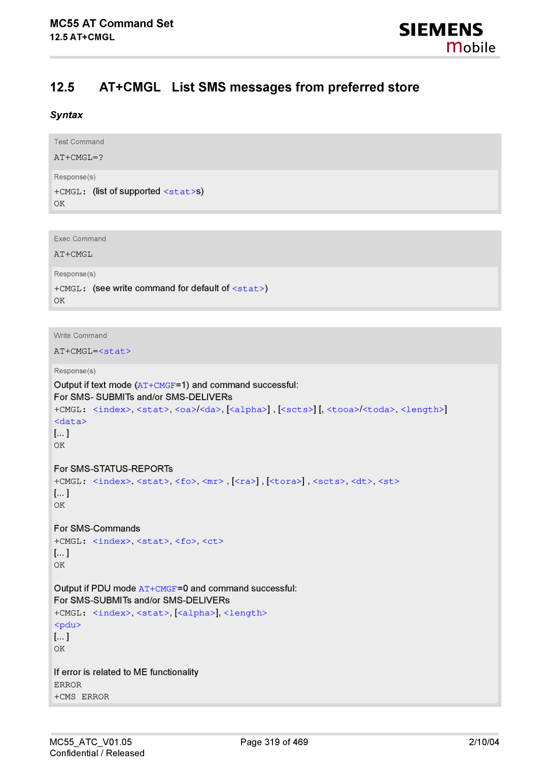 Siemens MC55 manual 12.5 AT+CMGL List SMS messages from preferred store, At+Cmgl=? 